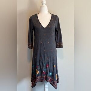 Johnny Was Gray V-Neck Dress with Embroidered Accents size M